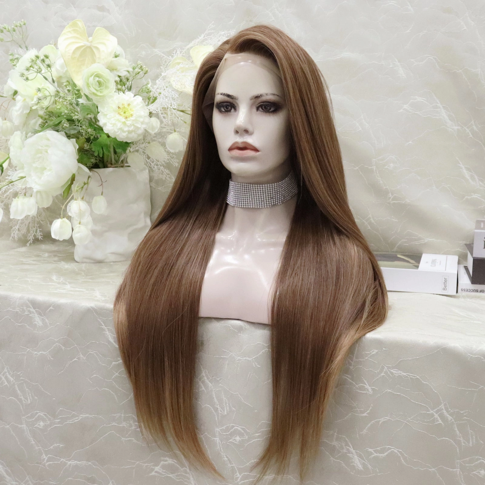 Long Pinkish Brown Silky Straight Synthetic Full Lace Wig