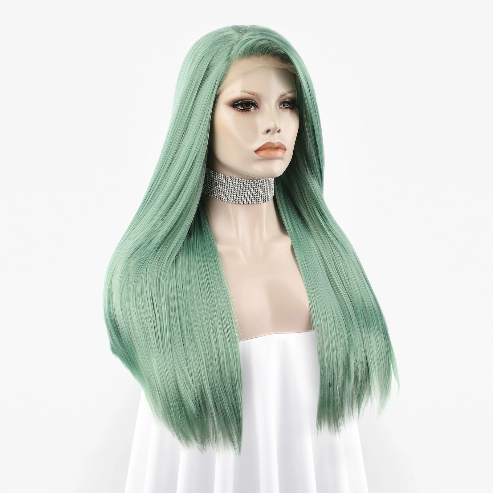 Long Straight Green Synthetic Lace Front Wig For Women