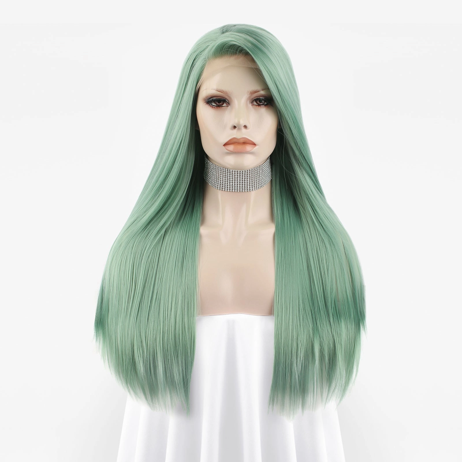 Long Straight Green Synthetic Lace Front Wig For Women