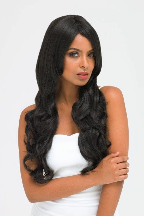 Long wavy black wig with side-sweeping Fringe: Charlotte