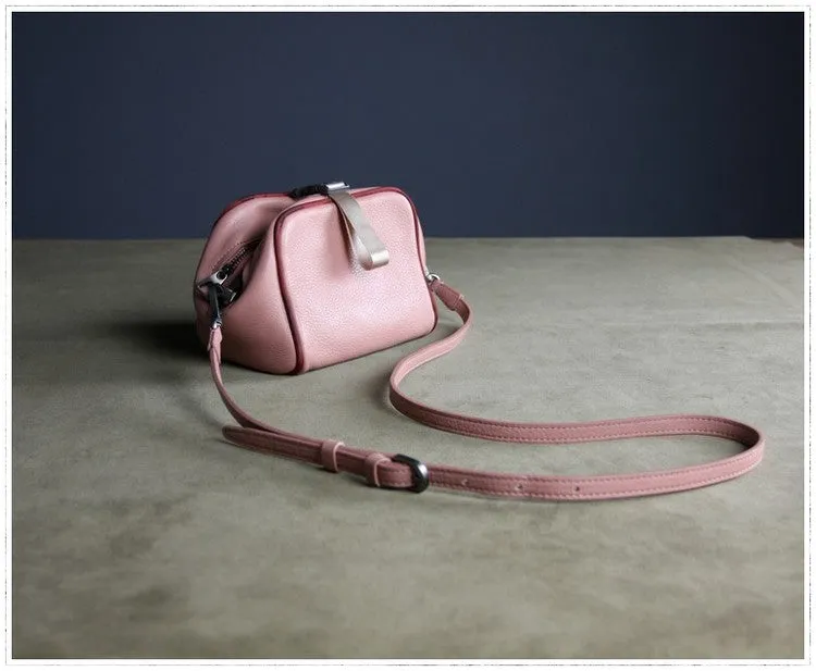 Mini Womens Pink Leather Shoulder Purse Cube Double Zip Leather Crossbody Purse for Ladies