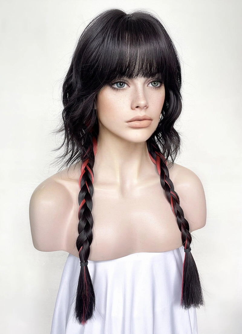 Natural Black Mixed Red Wavy Synthetic Hair Wig NS490