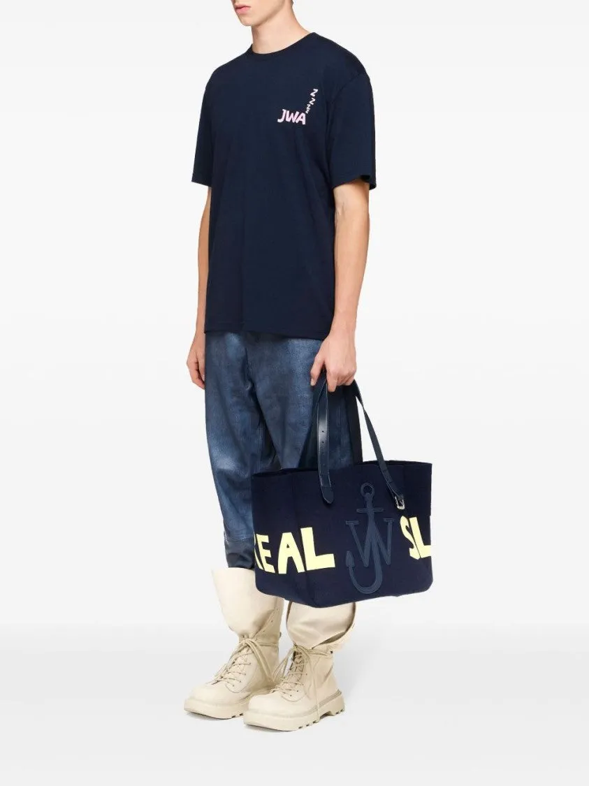 Navy Wool Blend Tote With Logo Patch And Embroidered Slogan