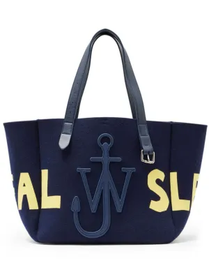 Navy Wool Blend Tote With Logo Patch And Embroidered Slogan