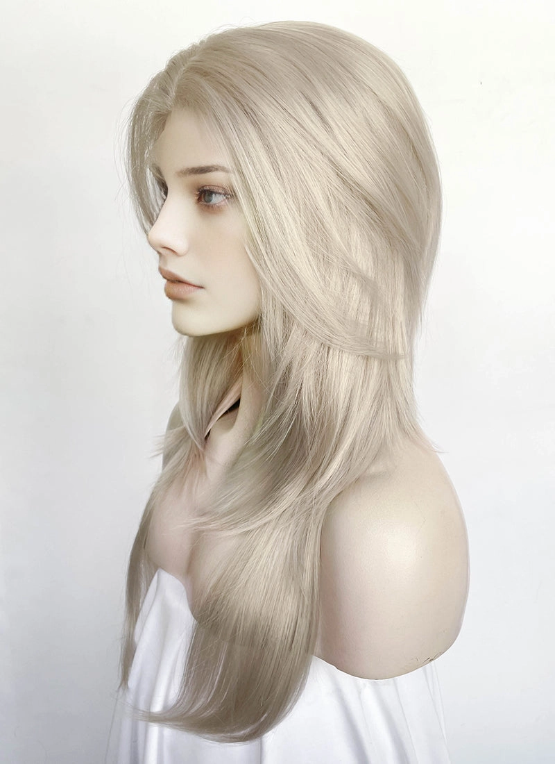 Pastel Blondish Grey Curtain Bangs Straight Lace Front Synthetic Wig LF8028