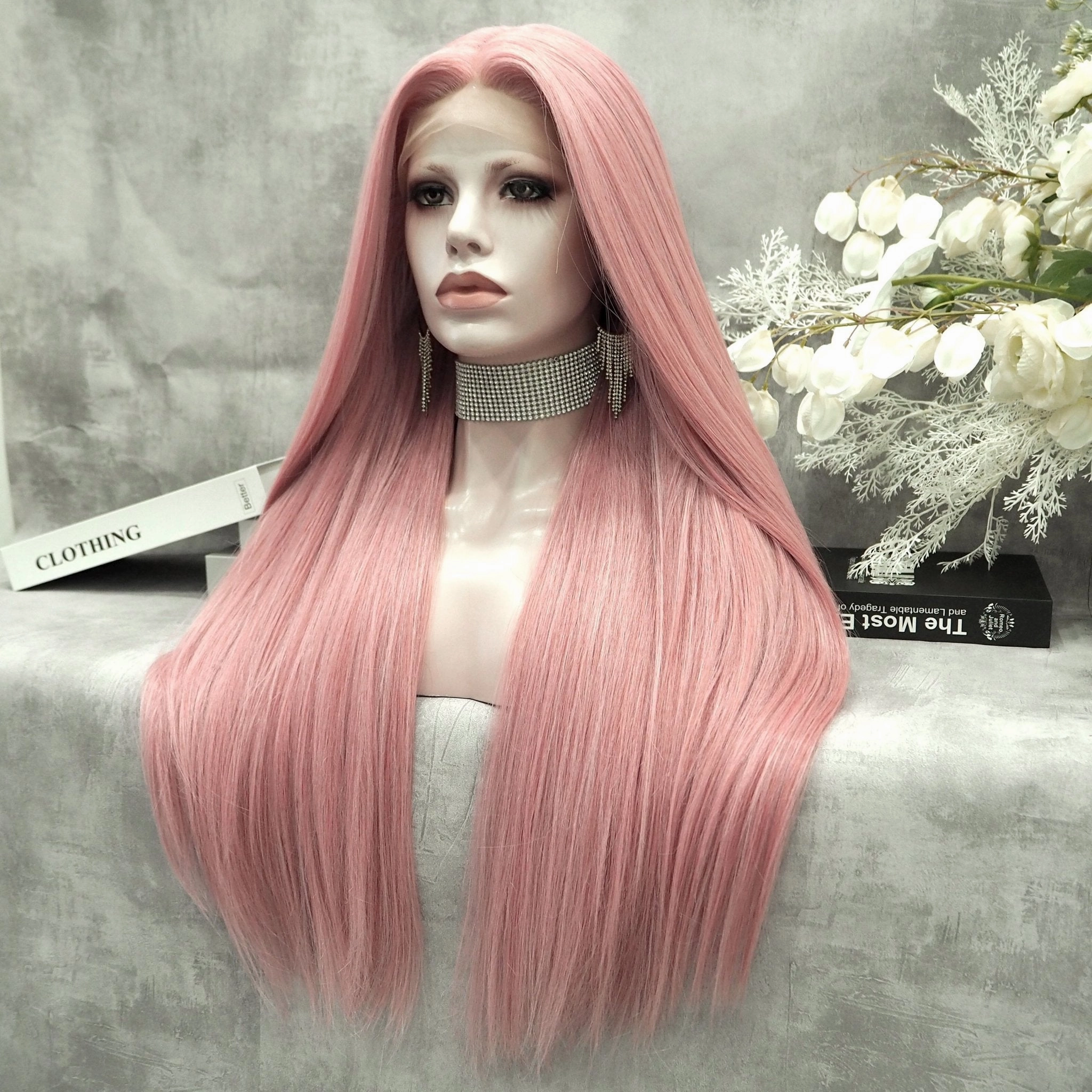 Peach Pink Long Straight Synthetic Lace Front Wig For Women