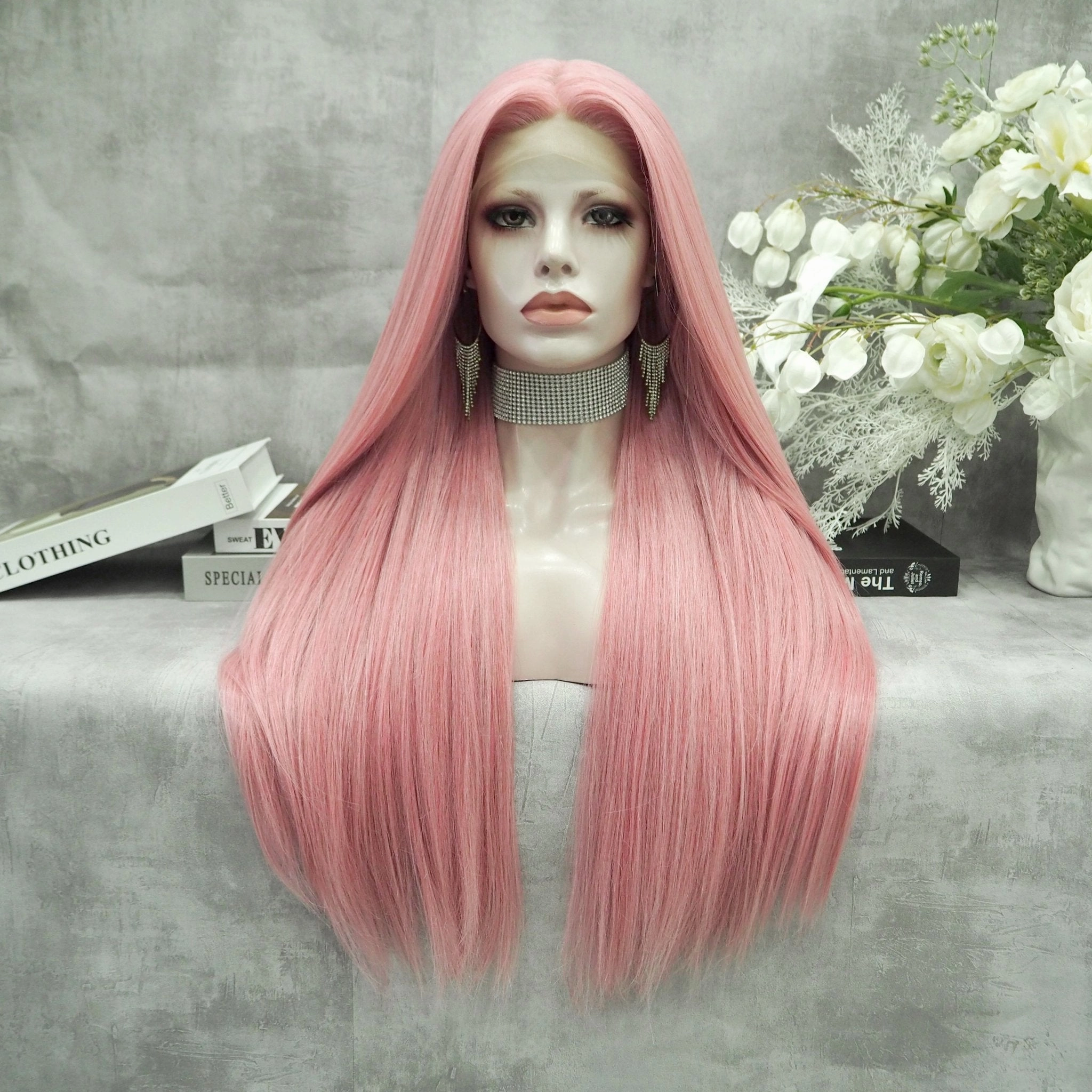 Peach Pink Long Straight Synthetic Lace Front Wig For Women