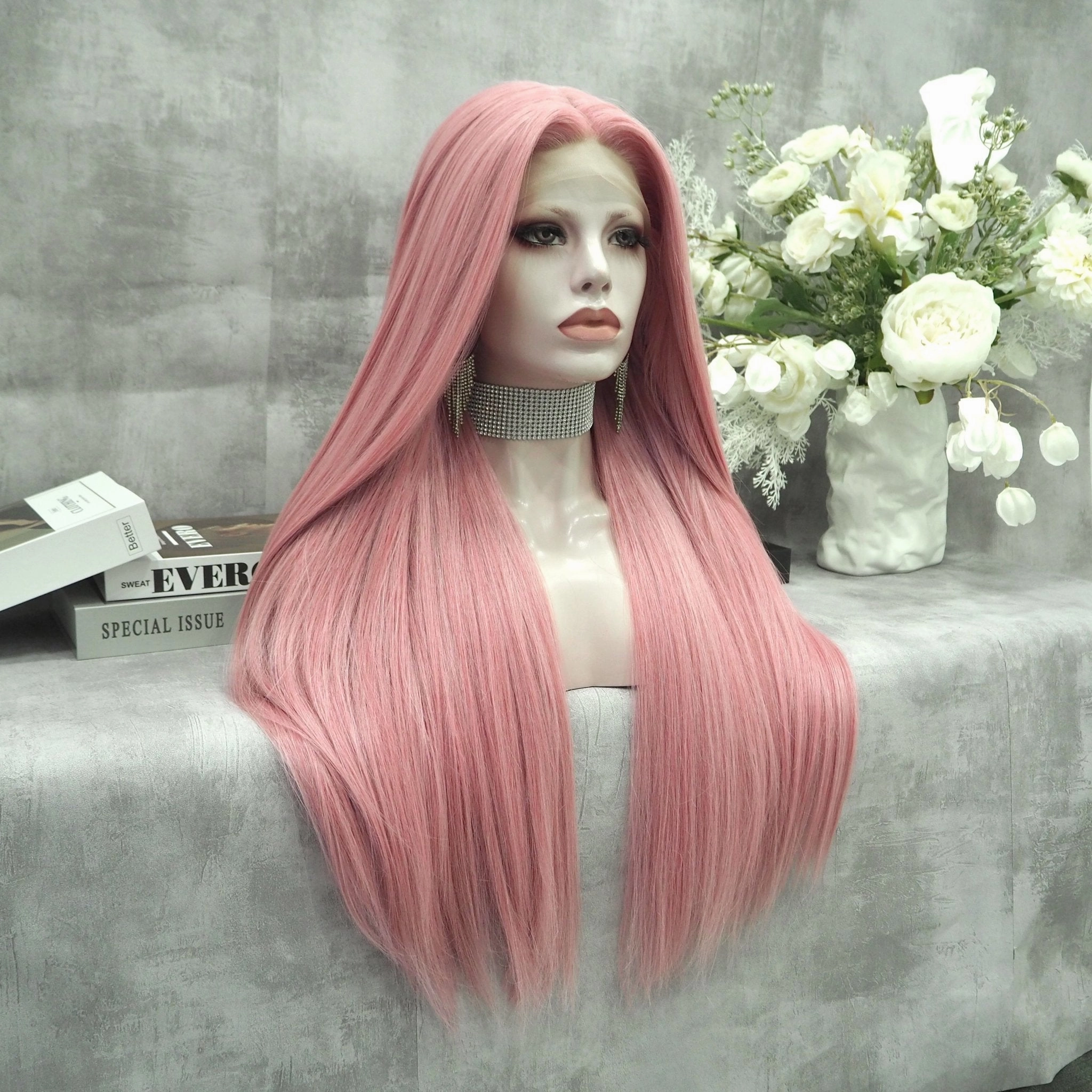 Peach Pink Long Straight Synthetic Lace Front Wig For Women