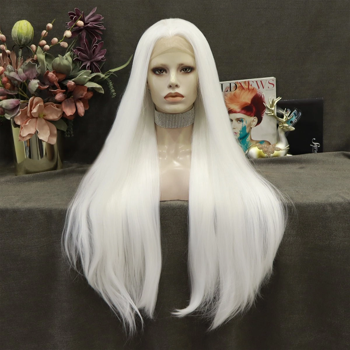 Pearl White Silk Long Straight Synthetic Lace Front Wigs
