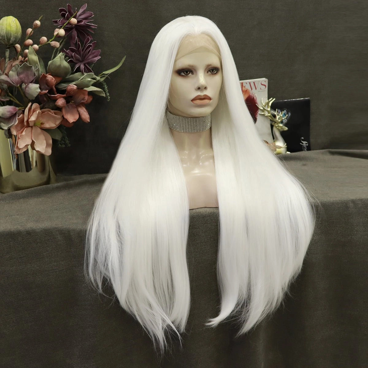 Pearl White Silk Long Straight Synthetic Lace Front Wigs