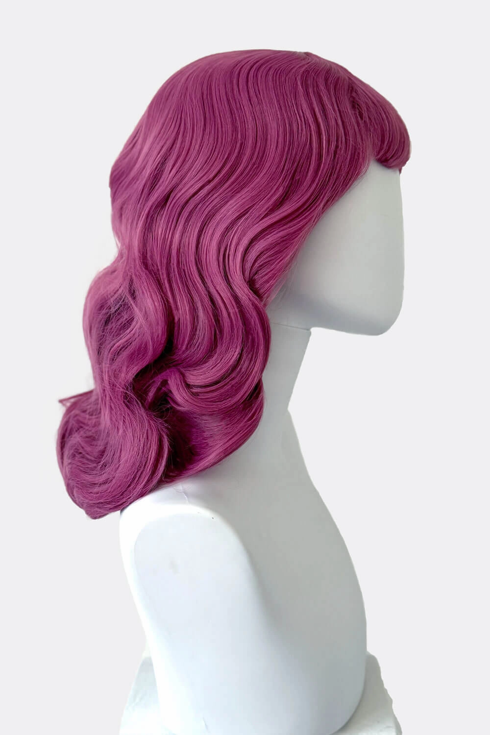 Pink pinup style wig, with finger waves and a short fringe, 1950s style: Stevie