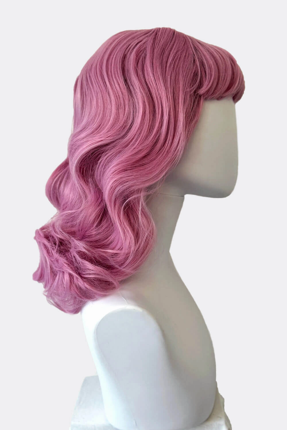 Pink pinup style wig, with finger waves and a short fringe, 1950s style: Stevie