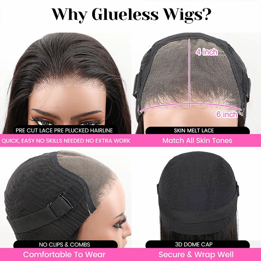 Pre-Cut Lace Glueless 6x4 Skin Melt Swiss Lace Preplucked Human Hair Wear Go Wigs Deep Curly