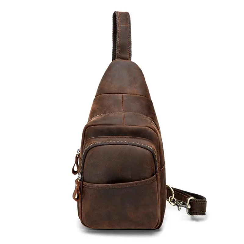 Red Brown Cool LEATHER MENS 8 inches Sling Bag One Shoulder Backpack Brown Chest Bag For Men