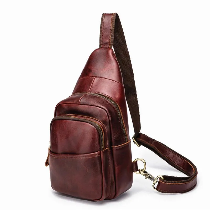 Red Brown Cool LEATHER MENS 8 inches Sling Bag One Shoulder Backpack Brown Chest Bag For Men