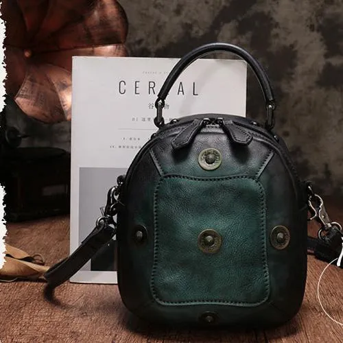 Red Geometric Vintage Womens Leather Round Brown Handbag Box Shoulder Bag Purse for Ladies