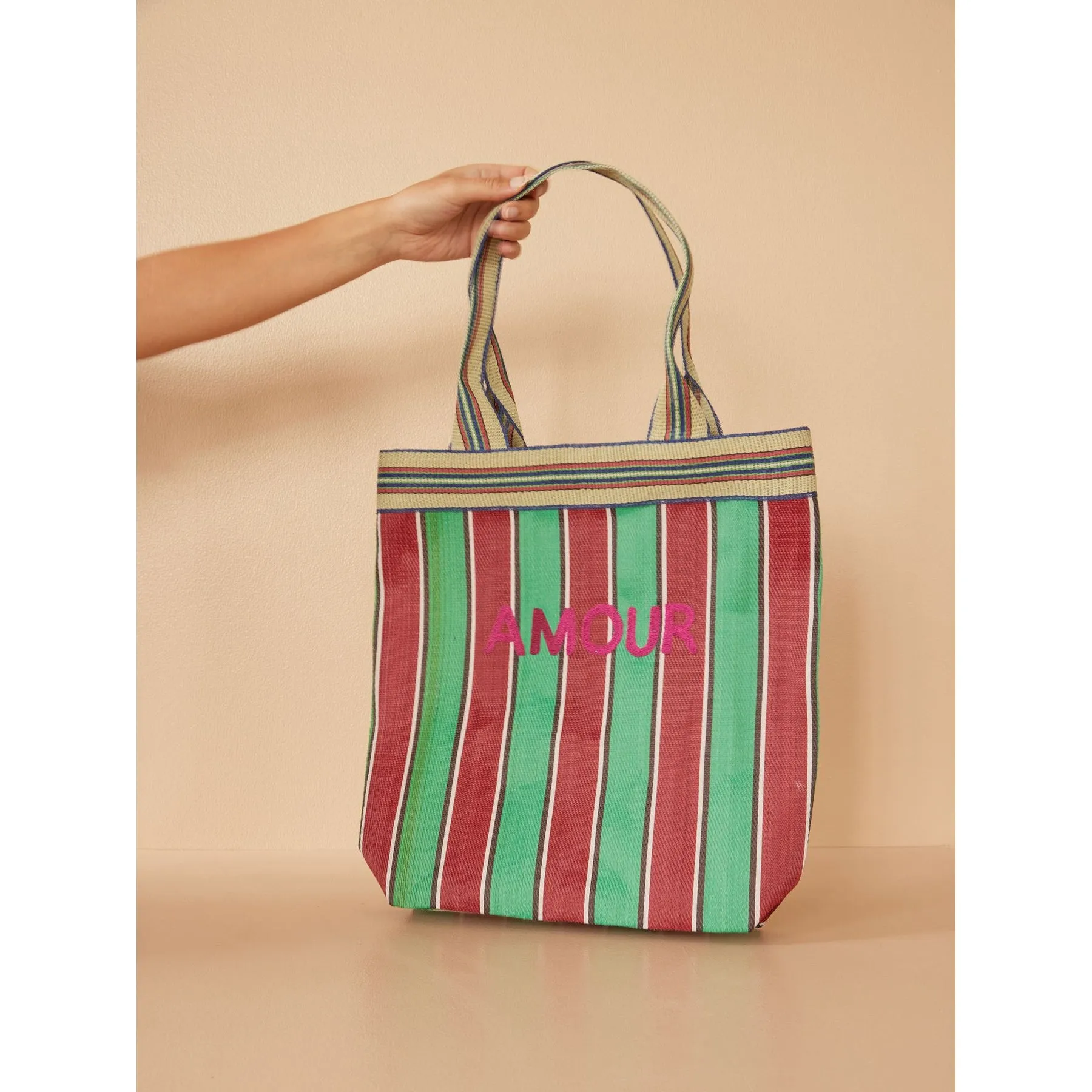 Rice DK Recycled Plastic Shopping Bag in Stripes with Amour Embroidery