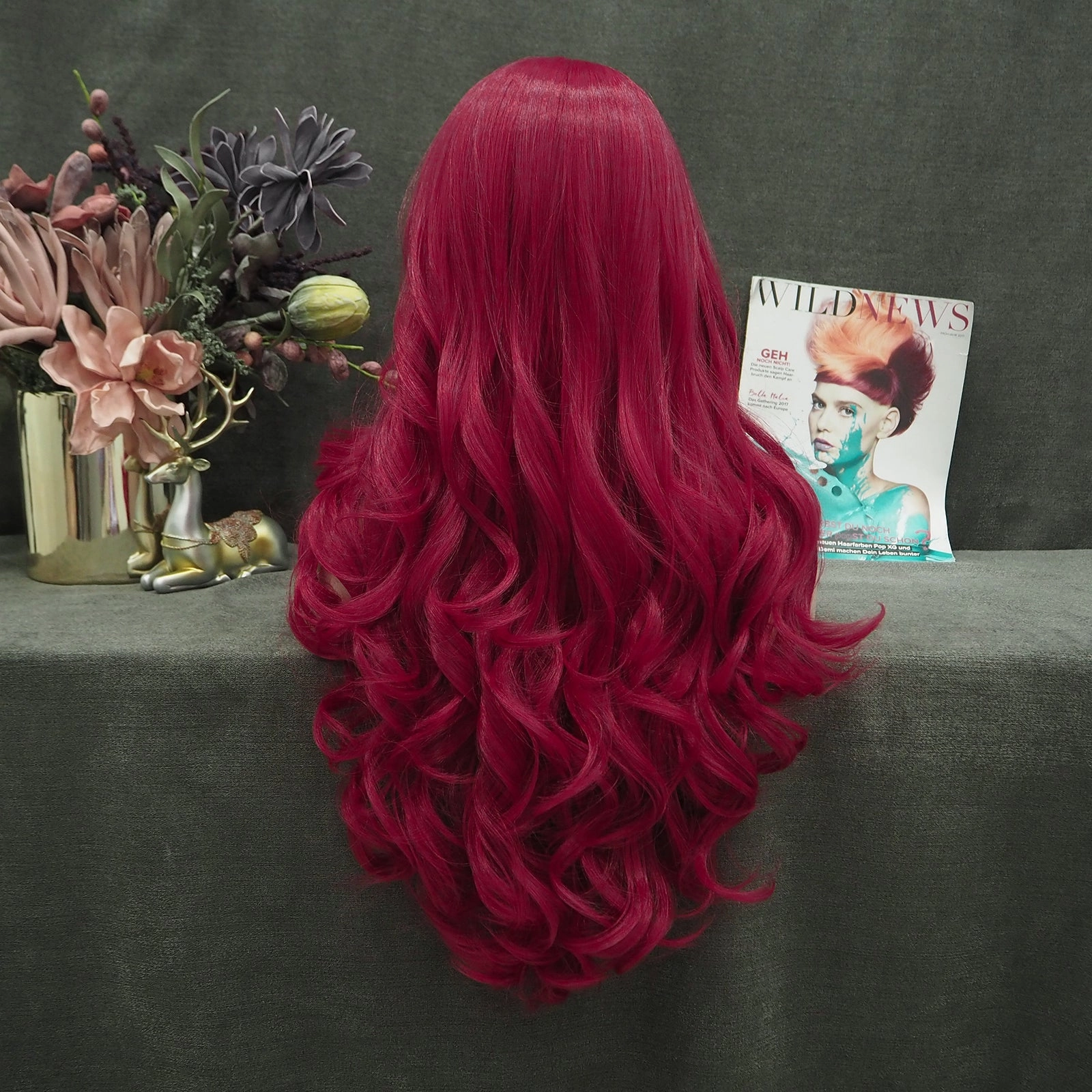 Rose Red Long Wave Synthetic Lace Front Daily Wig