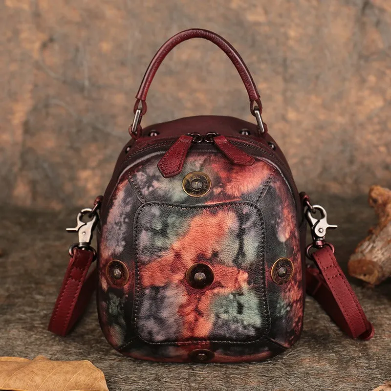 Small Brown Leather Womens Rivets Shoulder Bag Barrel Small Handmade Handbag Purse for Ladies
