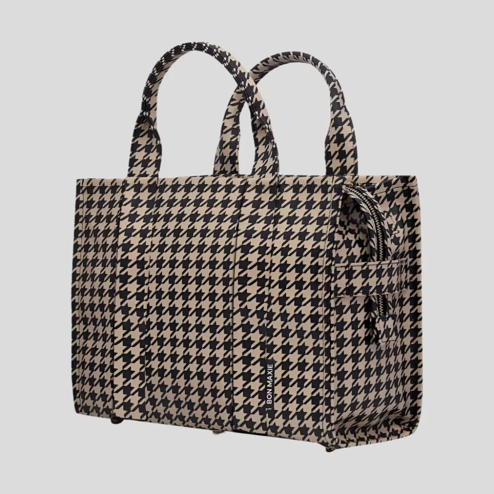 Small Structured Tote Bag -- Black Houndstooth
