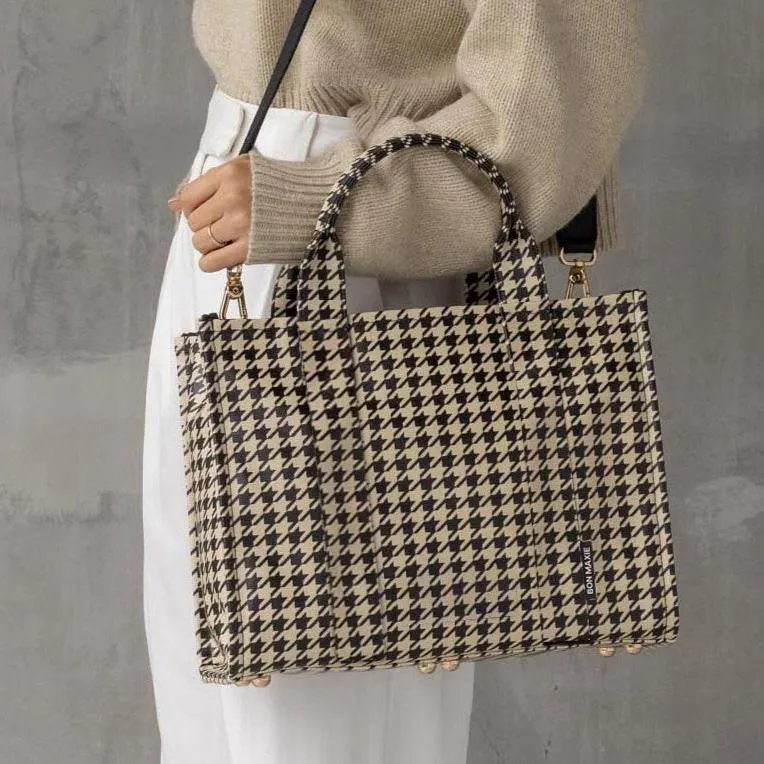 Small Structured Tote Bag -- Black Houndstooth
