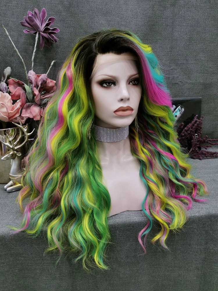 Spring-Iris Rainbow Green Synthetic Lace Wigs For Drag Queen