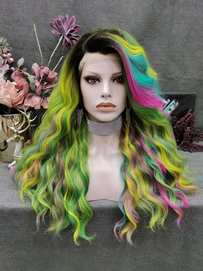Spring-Iris Rainbow Green Synthetic Lace Wigs For Drag Queen