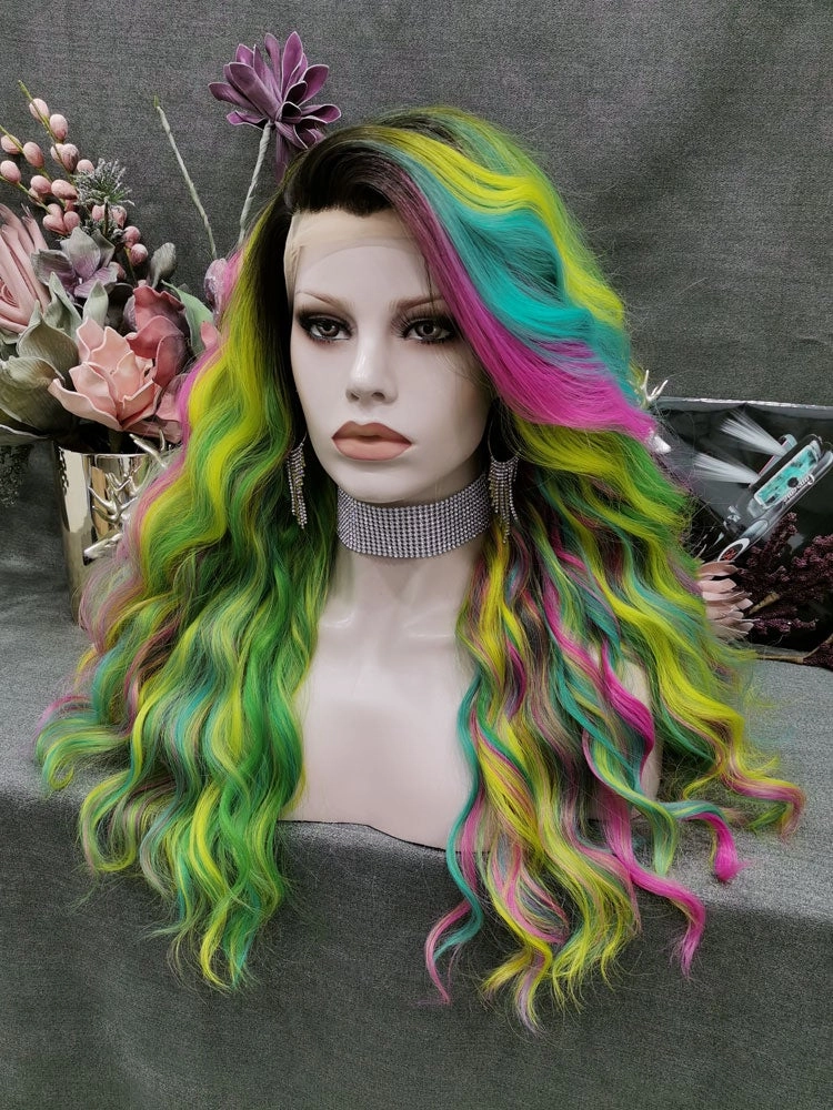 Spring-Iris Rainbow Green Synthetic Lace Wigs For Drag Queen
