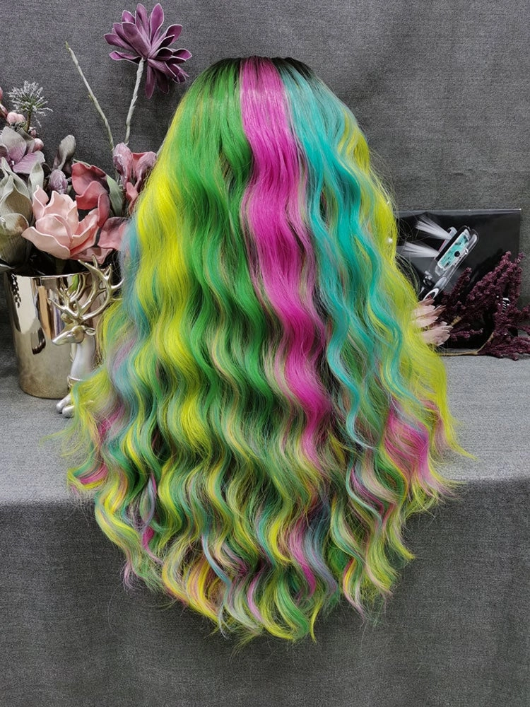 Spring-Iris Rainbow Green Synthetic Lace Wigs For Drag Queen