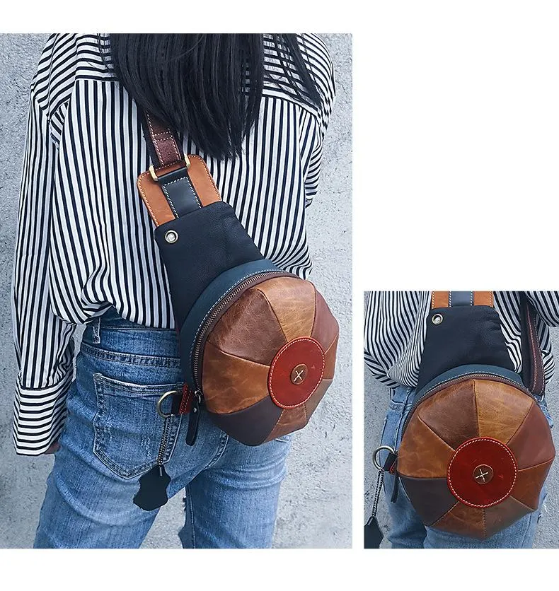 Stitched Brown Leather Men's Sling Bag Circle Shoulder Bag Chest Bag One Shoulder Backpack For Men