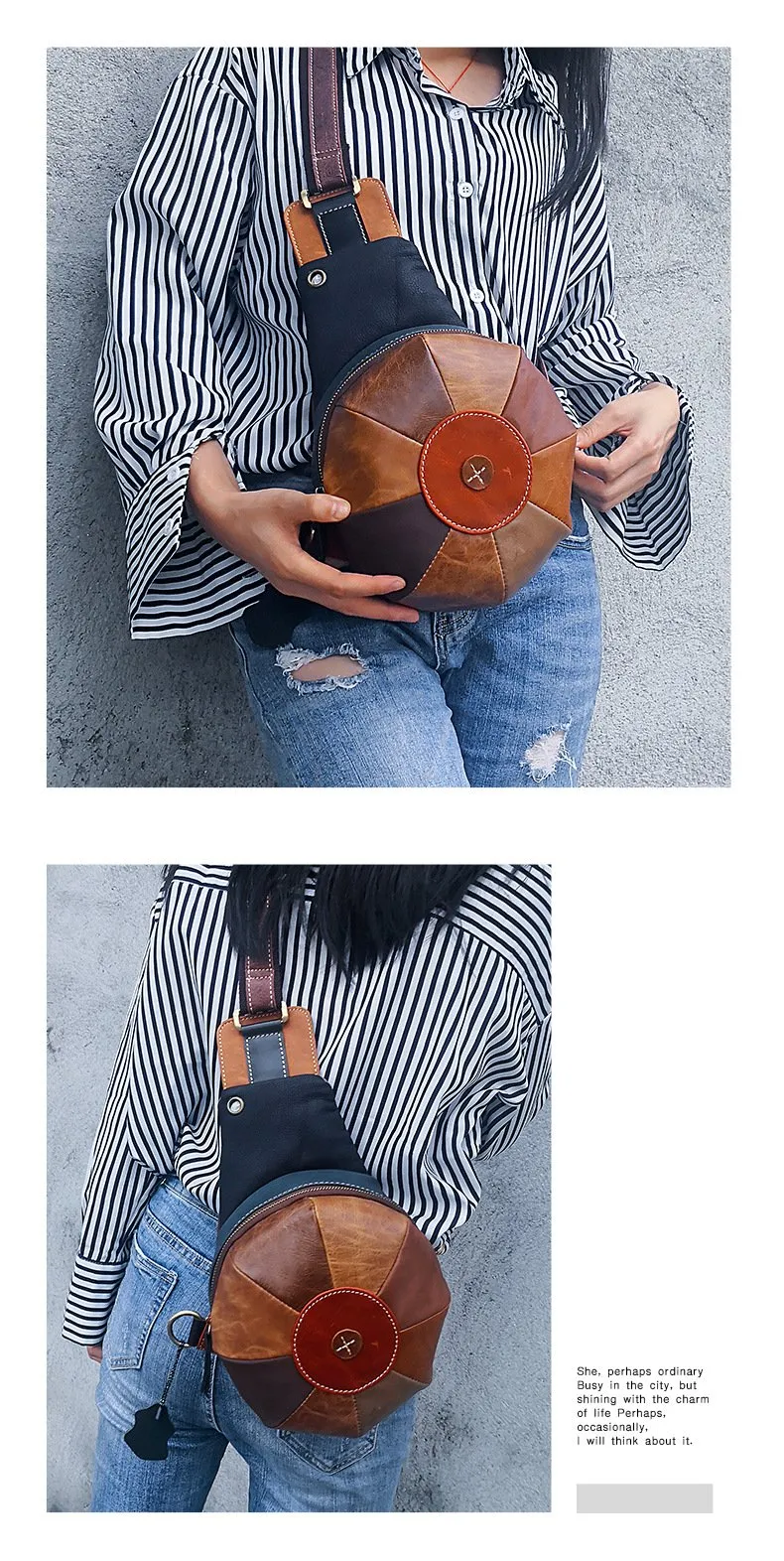 Stitched Brown Leather Men's Sling Bag Circle Shoulder Bag Chest Bag One Shoulder Backpack For Men