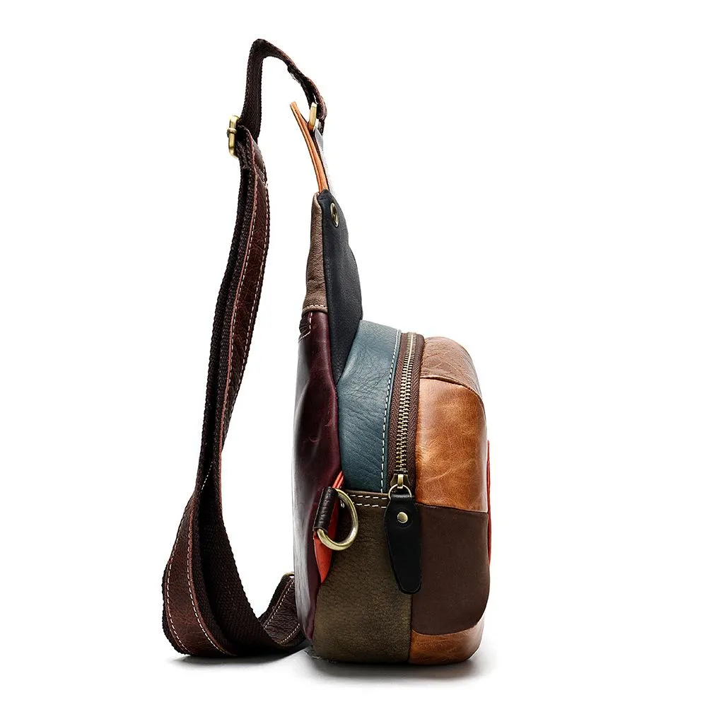 Stitched Brown Leather Men's Sling Bag Circle Shoulder Bag Chest Bag One Shoulder Backpack For Men