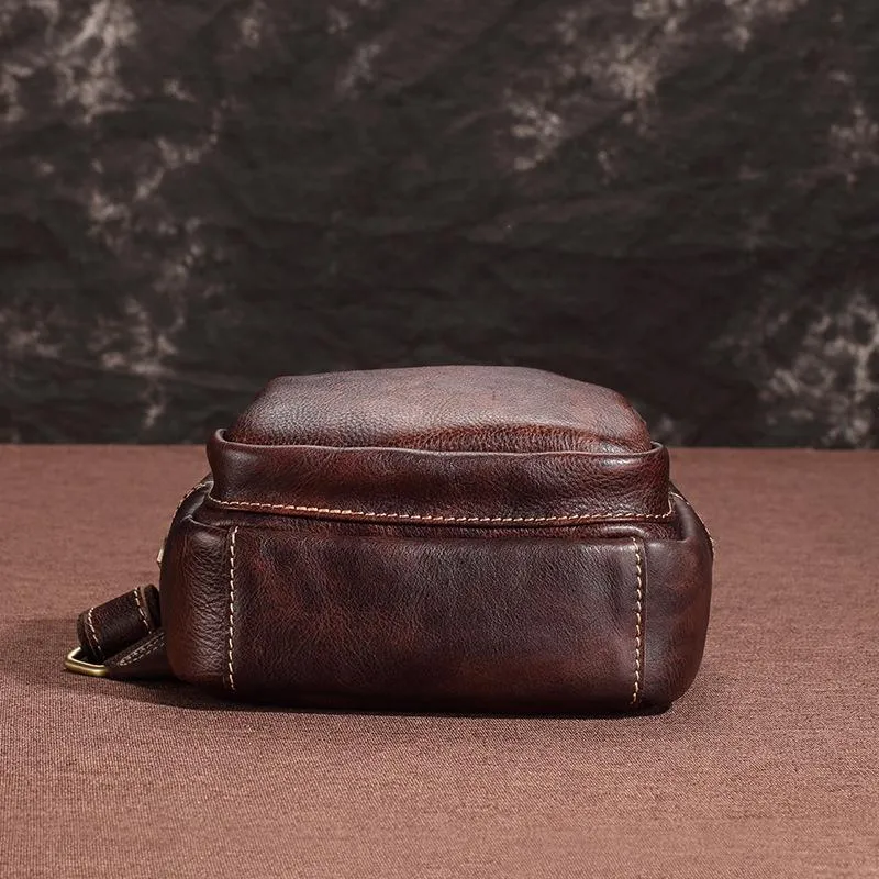 Tan Cool LEATHER MENS 8 inches Sling Bag One Shoulder Backpack Brown Chest Bag For Men