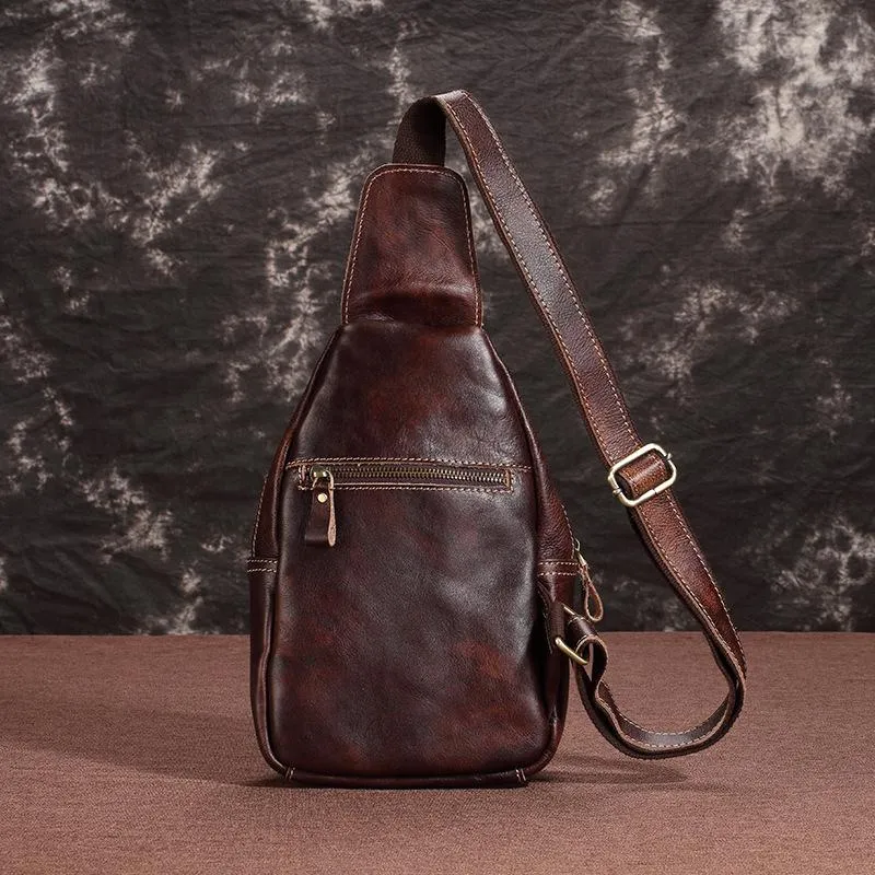 Tan Cool LEATHER MENS 8 inches Sling Bag One Shoulder Backpack Brown Chest Bag For Men
