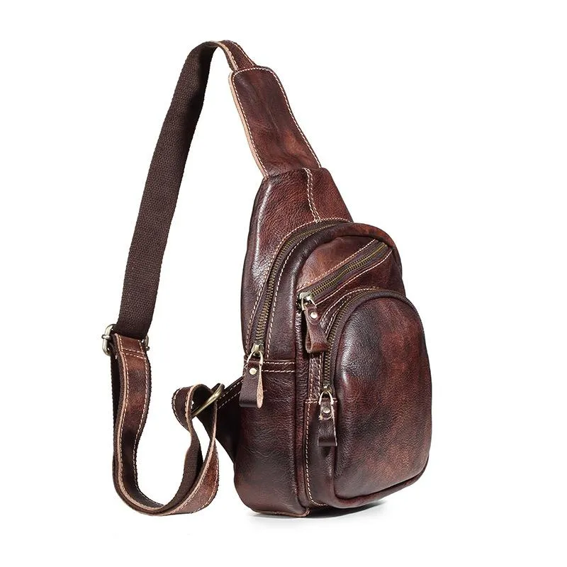 Tan Cool LEATHER MENS 8 inches Sling Bag One Shoulder Backpack Brown Chest Bag For Men