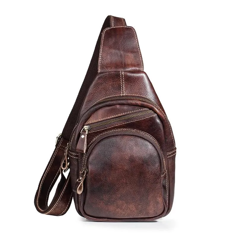 Tan Cool LEATHER MENS 8 inches Sling Bag One Shoulder Backpack Brown Chest Bag For Men