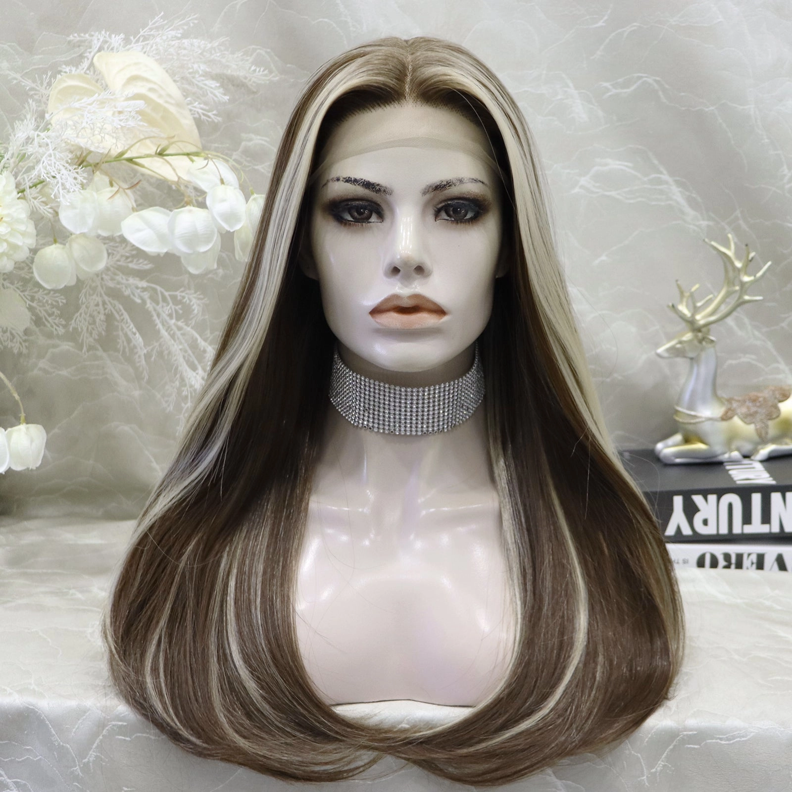 Taymay Chocolate Brown with Blonde Highlight Straight Synthetic Lace Wig