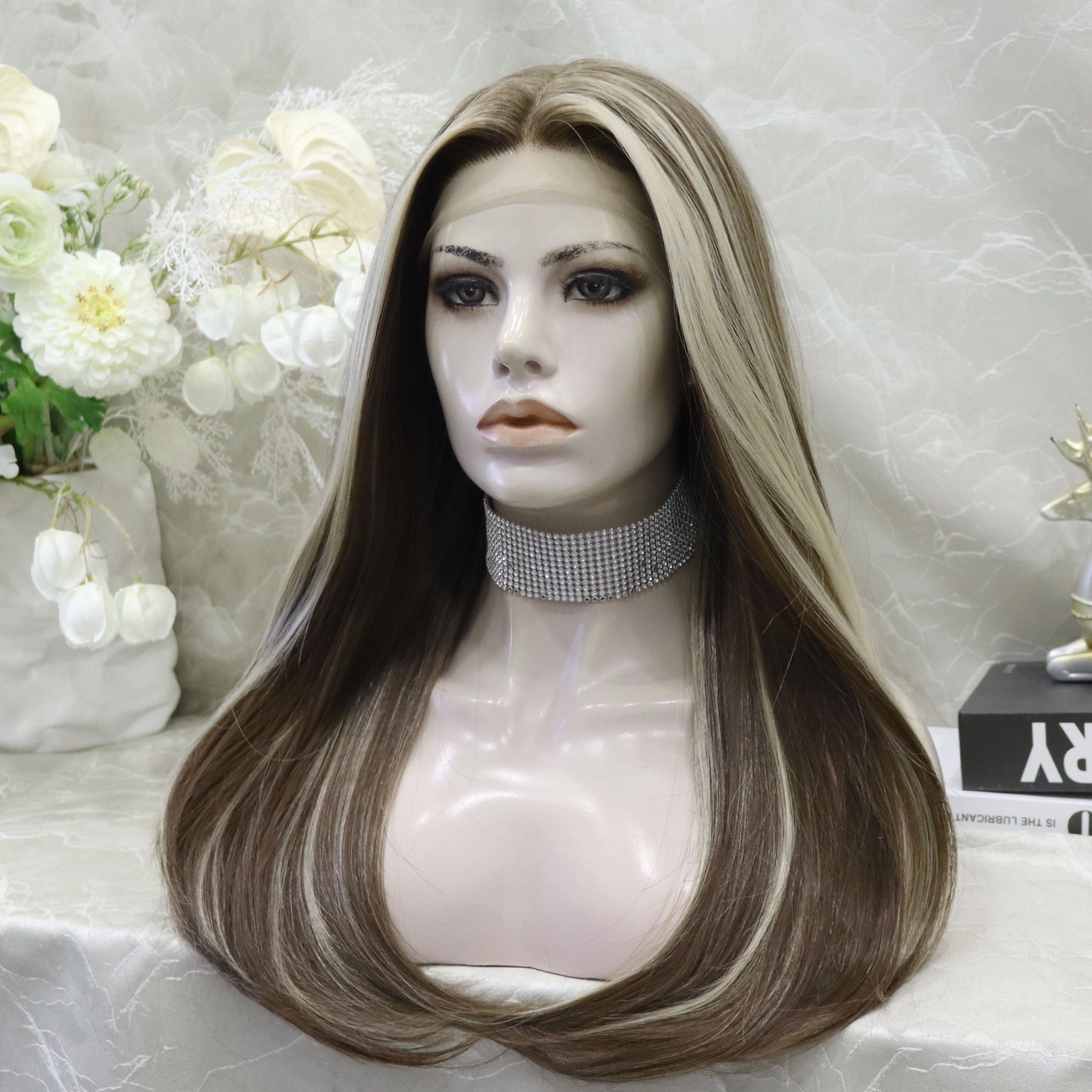 Taymay Chocolate Brown with Blonde Highlight Straight Synthetic Lace Wig