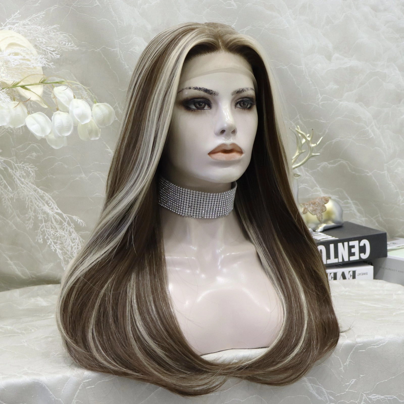 Taymay Chocolate Brown with Blonde Highlight Straight Synthetic Lace Wig