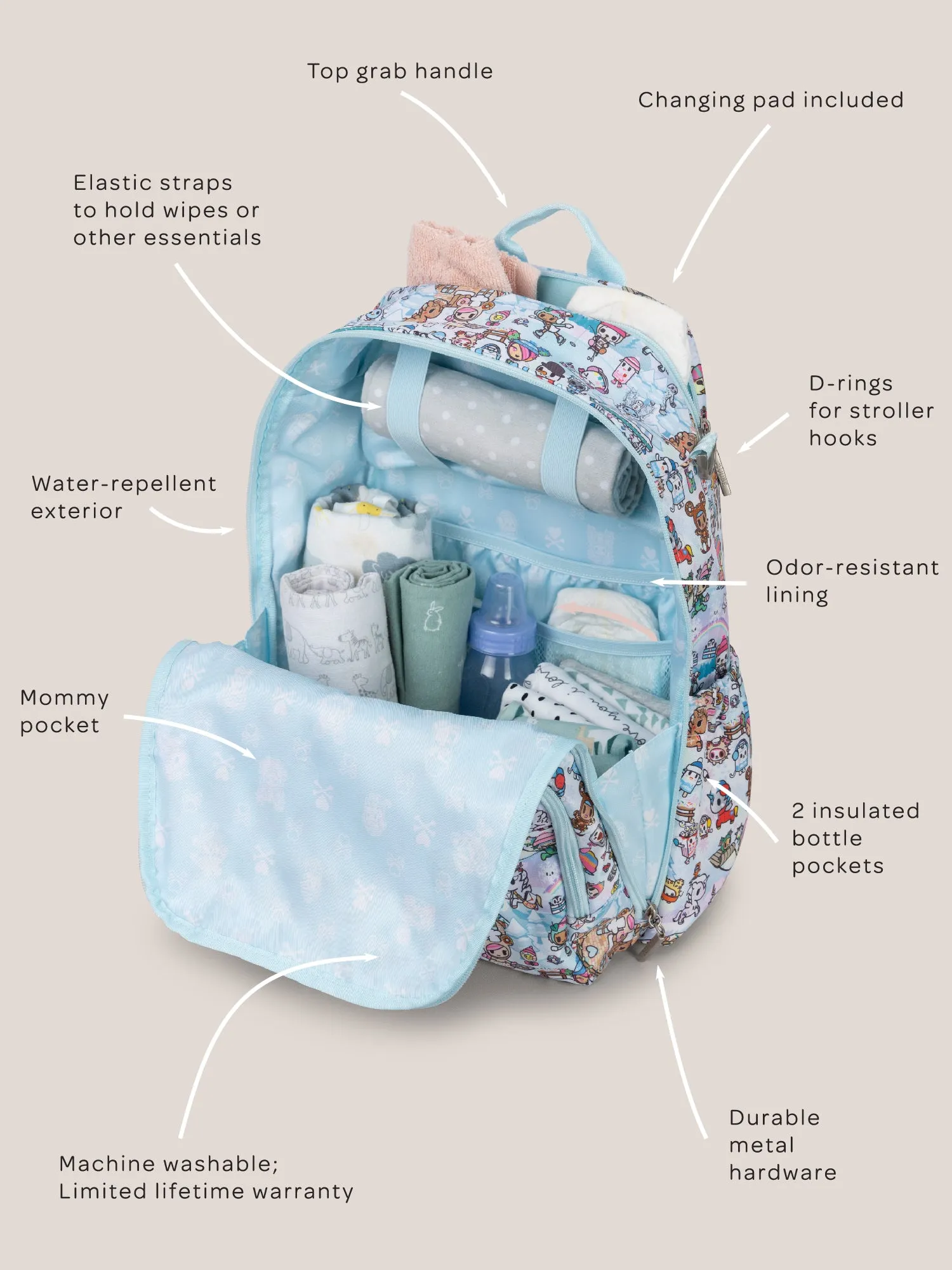 tokidoki Snow Day Zealous Backpack Diaper Bag  Ice Blue