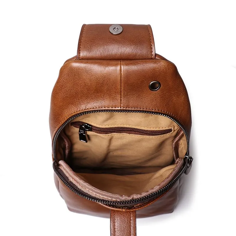Top Brown Leather Men's Sling Bag Sling Pack Chest Bag One Shoulder Backpack For Men