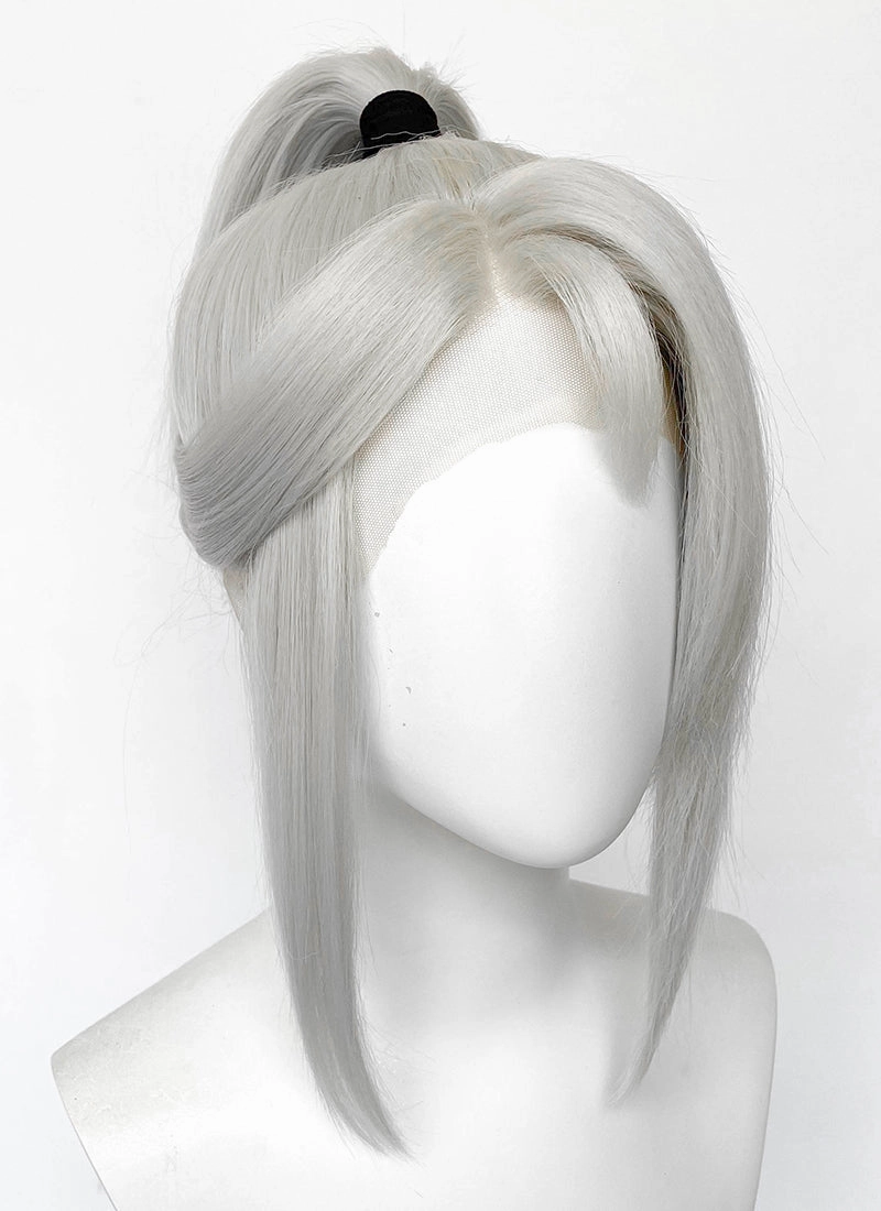 Valorant Jett Silver Grey Straight Yaki Lace Front Synthetic Wig With Ponytail LF6118
