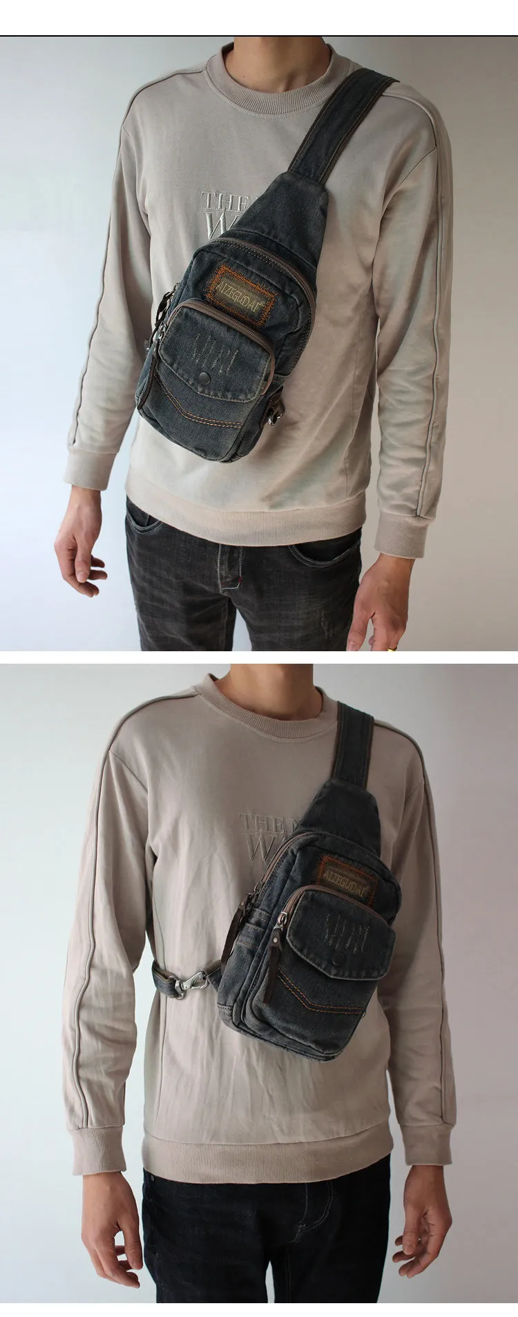 Vintage Black Denim Mens Sling Bag Chest Bag Denim Cool Sling Bag For Men