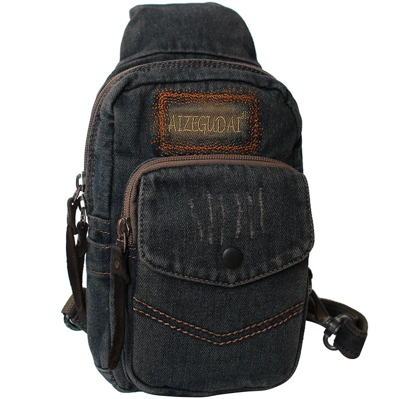 Vintage Black Denim Mens Sling Bag Chest Bag Denim Cool Sling Bag For Men