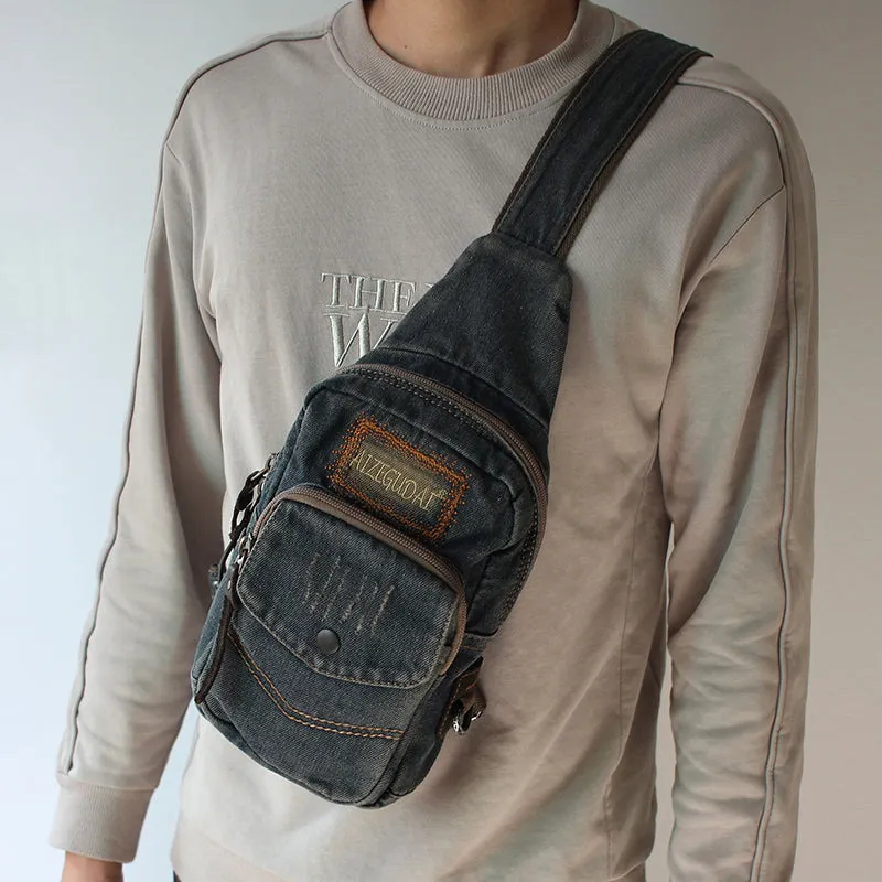 Vintage Black Denim Mens Sling Bag Chest Bag Denim Cool Sling Bag For Men