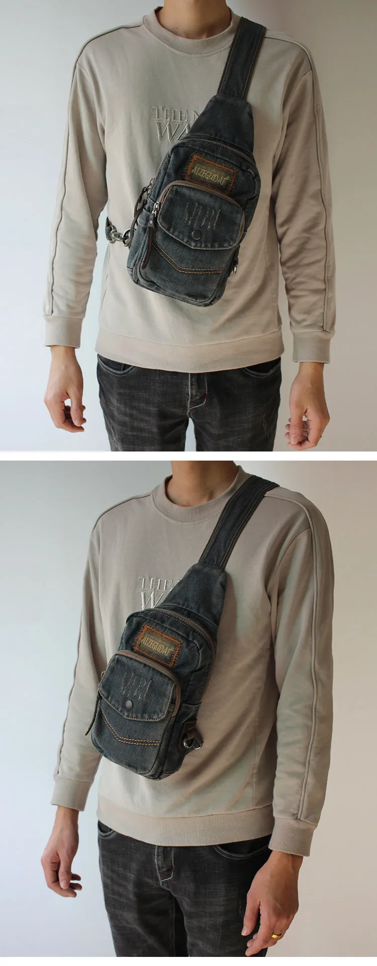 Vintage Black Denim Mens Sling Bag Chest Bag Denim Cool Sling Bag For Men