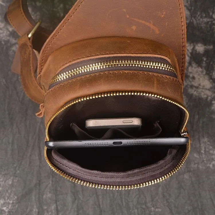 Vintage Brown Leather Men's Chest Bag One Shoulder Backpack Sling Bag For Men