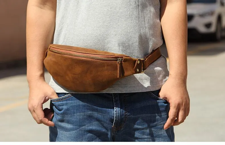 Vintage Brown Leather Men's Fanny Pack Coffee Waist Bag Chest Bag For Men