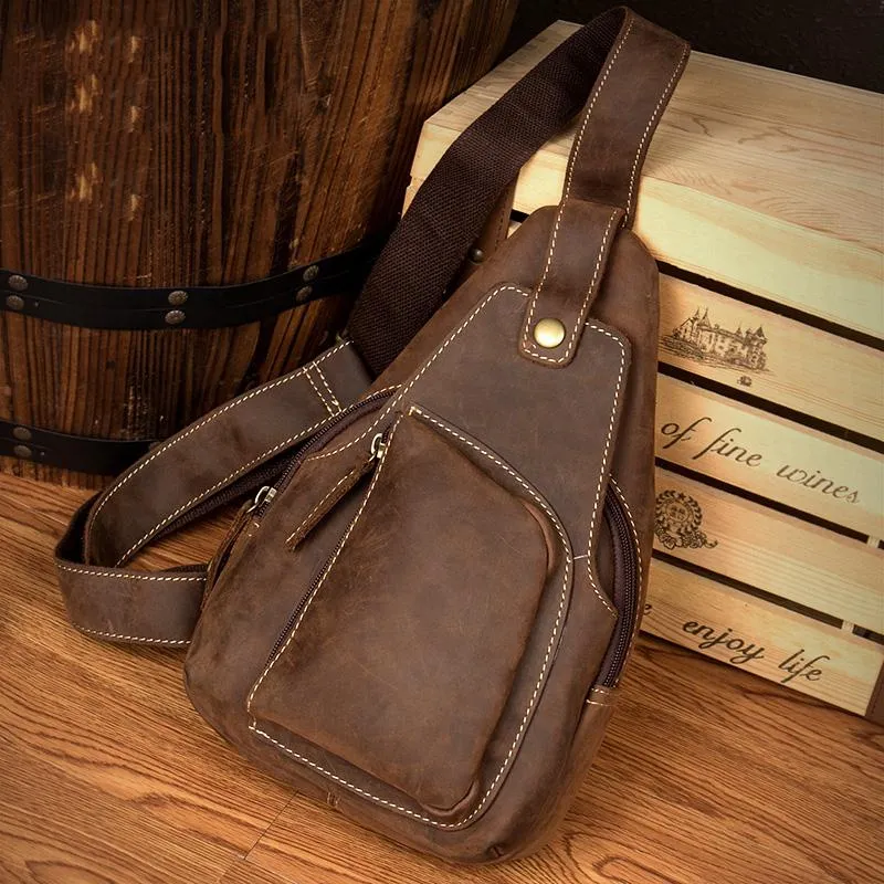 Vintage Brown Leather Mens Sling Bag Crossbody Pack Brown Cool Chest Bag for men