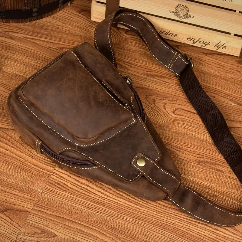 Vintage Brown Leather Mens Sling Bag Crossbody Pack Brown Cool Chest Bag for men
